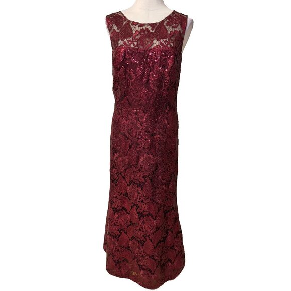 David Meister Gown 16 Burgundy Ruby Wine Sequin Lace Formal Long Dress Gala